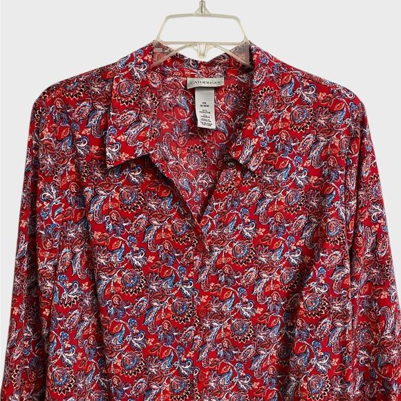 Catherines Button Up Floral Top Women's Size 0X 3/4 Sleeve Red Artsy Boho Office - Picture 3 of 13